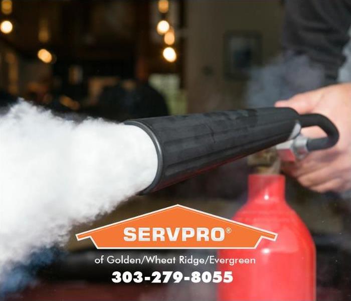 A person is shown using a fire extinguisher to put out a fire. 