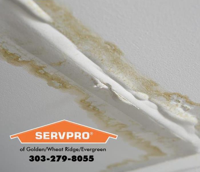 A water-stained and saturated ceiling is shown with active water blisters that are dripping. 